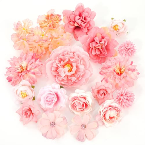 MWOOT 17 Pieces Fleurs Artificielles, Têtes de Fleurs Rose Pivoine Nénuphar Artificielles, Fausse Fleur Decoration pour DIY Bouquet Couronne Mariage Fête Festival Maison Jardin Artisanat(Rose)