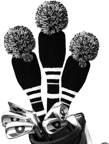 Golf Club Wood Head Covers Pom Value 1 3 Pack, Premium Knitted Driver and Wood Protection with Secure Elastic Fit, Stylish Classic Striped Design for Men & Women Choose (Black&White-3 Pcs (D+F+H))