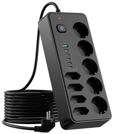 BOCHLION 15 i 1 vägguttag, eluttag med 9 AC-utgångar och 6 USB-portar svart