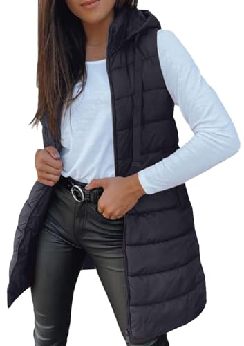 Chaleco Mujer Largo Invierno Acolchado Chaqueta sin Mangas Algodón Chalecos Largos Casual Moda Abrigo con Capucha Abrigos De Invierno Termico Parka Cálido Talla Grande Outwear con Cremallera Otoño