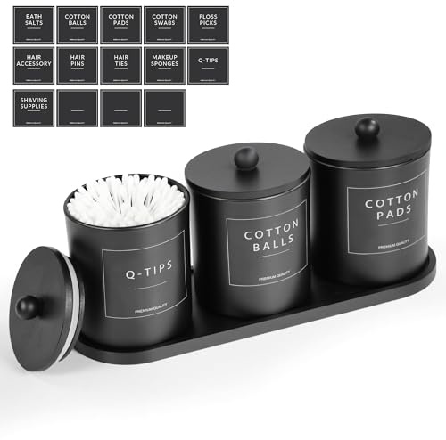 3 Pack Cotton Bud Holder Dispenser - Glass Apothecary Jars with Bamboo Lids, Cotton Ball Pad Round Holder, Floss Pick Containers, Bathroom Organisers with Tray & 14 Labels - Matte Black