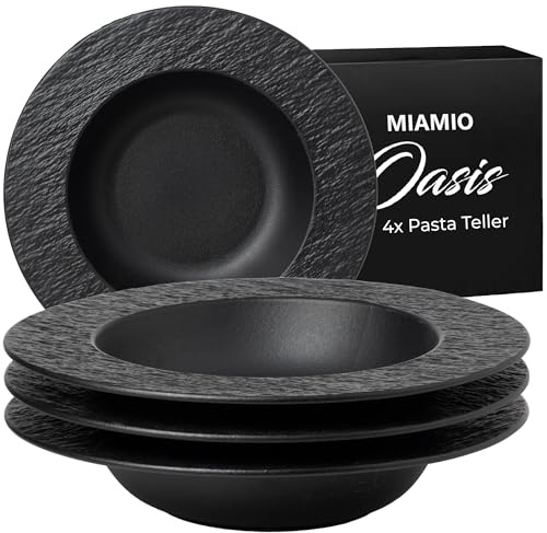 MIAMIO – 26 cm, set di 4 piatti piani, piatti fondi grandi, moderne stoviglie in ceramica bianca e nera, adatte al microonde e lavabili in lavastoviglie – Collezione Oasis (Nero)