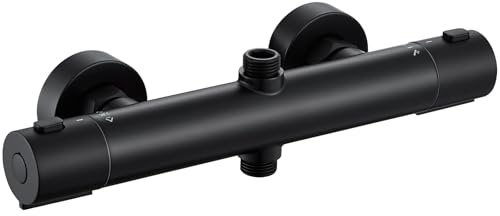 Auralum Grifo Termostático de Ducha, Mezclador de Pared, Cuerpo Frío Antiquemaduras con Botón 38°C, Doble Salida G1/2'', Adaptador G3/4'', Centros Ajustables 135-165mm, para Columna de Ducha, Cromado