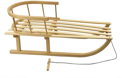 Rawstyle Holzschlitten mit Rückenlehne + Zugseil *Kinderschlitten* RODEL 90 cm aus Holz mit Metallkufen