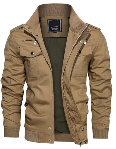 KEFITEVD Herren Übergangsjacke Army Bomberjacke Fliegerjacke Stehkragen Freizeitjacke Militär Arbeitsjacke Khaki XL