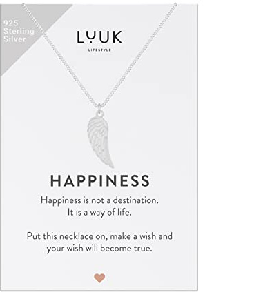 LUUK LIFESTYLE Collar de plata de ley 925 con colgante de alas de ángel y tarjeta mensaje HAPPINESS, amuleto de la suerte y regalo niña, accesorio de joyería para novia y esposa, plateado