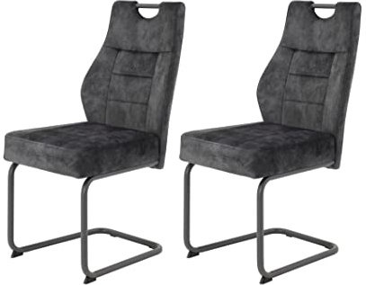 Hela Tische, 2er Set Esszimmerstuhl Schwingstuhl Linda, Mikrofaser Anthrazit, Rundrohgestell grau, Komfortsitz Federkorb, 140kg belastbar