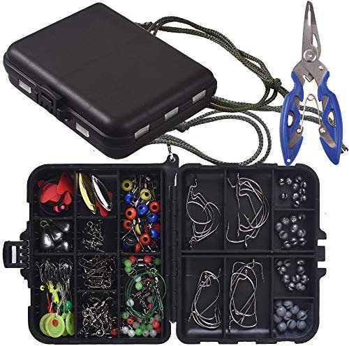 Newk 188tlg Angelzubehör-Set, Jighaken, Kugel-Bassgussgewichte, Angelwirbel, Angelschnapper, Angelgleiter, Angelset mit tragbarer Angelbox