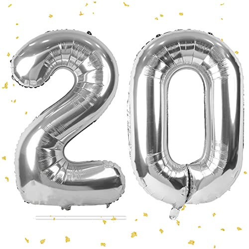 KAINSY Globo inflable con número 20 de plata, 101,6 cm, para decoración de fiesta de cumpleaños, globos de gran número Mylar para suministros de aniversario, decoración (número 20)