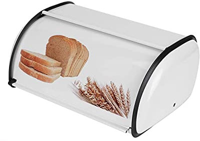 jiuzcare Bread Bin Storage Containers Stainless Steel Lid Bread Box for Kitchen Roll Top Bin 36 x 24.5 x 16 cm, White