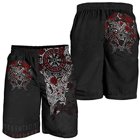 Wikinger-Shorts für Herren, 3D Digital Gedruckte Nordische Mythologie Fenrir Wolf Vegvisir Tattoo Grafik, Outdoor Sommer Casual Athletic Loose Fit Shorts mit Taschen,Schwarz,XXL