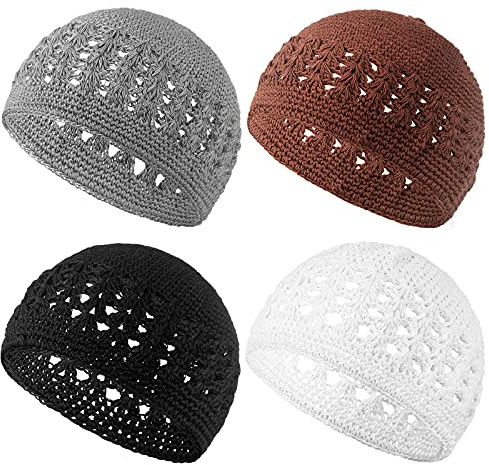 Boyiee Kufi Hat for Men Muslim Knit Kufi Cap Crochet Beanie Skull Beanie African Hat for Men Women(Black, White, Gray, Brown,Classic Style)