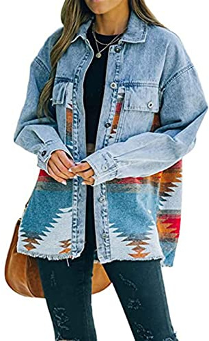 FUZUAA Chaqueta de Mezclilla desgastada Vintage con Botones y diseño geométrico Azteca para Mujer (Color : Orange, Size : S)
