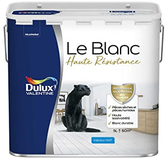 Dulux Valentine Le Blanc Haute Resistance - Peinture Intérieure Murs, Plafonds et Boiseries - Pièces sèches et humides - Mat Blanc 5 L