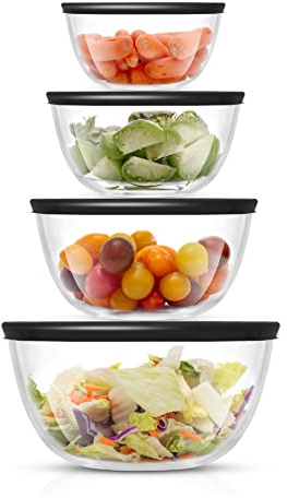 JoyJolt Kitchen Mixing Bowls - 8pc Glass with Lids Set – Neat Nesting Large Bowl Batter Cooking Storage and Big Salad BPA-Free Black