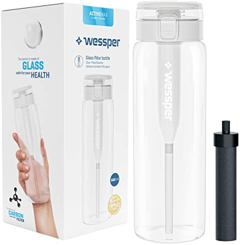 Wessper Borraccia in Vetro Borosilicato Trasparente, Borraccia Filtrante senza BPA 680 ml per Sport, Bambini | Bottiglia d'acqua, Cannuccia Filtrante a Carboni Attivi - Transparente