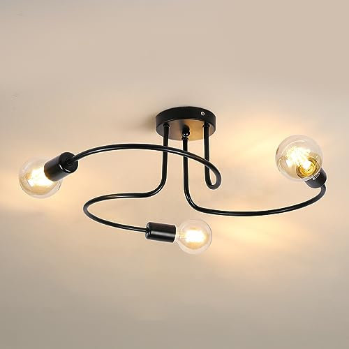 Pheashine Vintage Lampada da Soffitto, Industriale Plafoniera E27 in Metallo Nera, 3 Luci Lampadario da Soffitto Moderno per Soggiorno Camera da Letto, Cucina (senza lampadine)