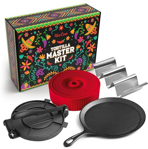 Uno Casa - Master Kit - Tortilla Press 20,3 cm con padella Comal, 4 supporti per taco e scalda tortilla