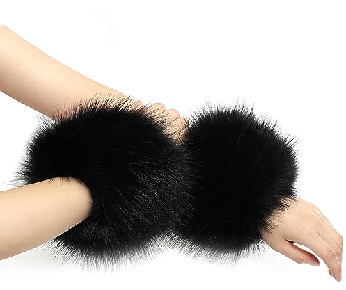 sy soul young Women's Faux Fur Wrist Cuffs Winter Fox Furry wristbands Fluffy Fur Cuff Bracelet Arm Warmer accessories(Black)