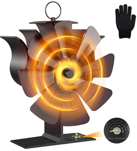 Ofenventilator 8 Blättern Kaminventilator Kamin Ventilator holzofenventilator wärmeverteiler kaminofen mit ohne Strom für Kamin Kaminöfen，Leiser Betrieb Wärmebetriebener Ventilator mit Thermometer