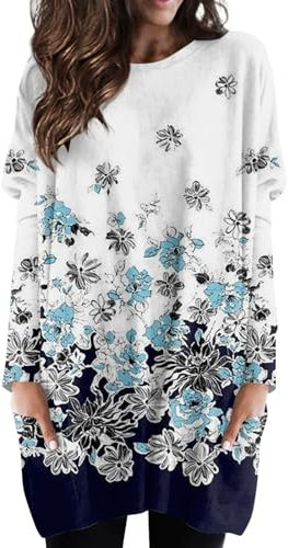 Damen Tunika Langarm Weihnachts Long Pullover Damen Langarm Longpullover Für Damen Leggings Pullover Damen Baumwolle Damenblusen Langarm Elegant Damen Tunika Damenblusen Langarm(3-Blue,S)