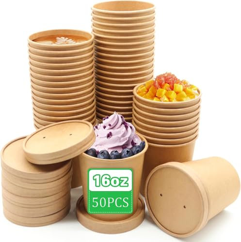 JMIATRY Juego de 50 Tazas Vasos Desechables Carton Kraft para Sopa, 16 oz, Ensalada, Postres, Aperitivos