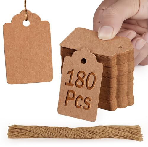PH PERKHOMY 180 Pcs Kraft Paper Gift Tags with String, 4.3 x 7.1cm Blank Price Tags for Gifts Crafts Wedding Christmas, Brown