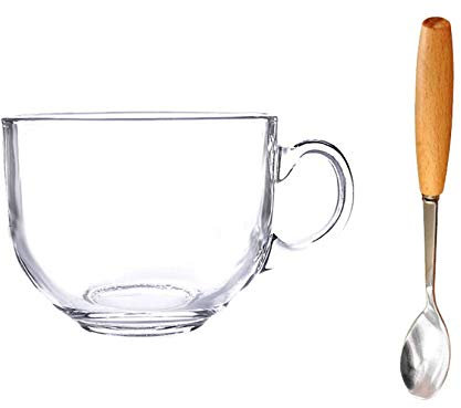 WIHXES Grande Tasse à Soupe de 450ml avec Poignées, Bol à Soupe en Verre Transparent avec Couvercle et Cuillères, Tasse de Petit Déjeuner pour Flocons d'Avoine, Salade, Dessert, Lait (450ml/15.2oz,B)