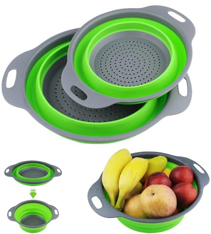 YUUTIAL 2 Pezzi Scolapasta Silicone Pieghevole Set, Cucina Pieghevole Sopra Colander Filtro per Frutta Verdura Pasta La Pasta,Stoccaggio In Cucina,Campeggio (Verde)