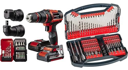 Einhell Taladro con batería TE-CD 18/45 3X-Li+22 Power X-Change (18V, 45Nm, pieza angular y excéntrica, set de puntas de 22 piezas, 2 baterías de 2,0Ah, cargador) + Set 101 piezas brocas y puntas