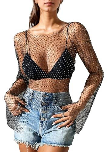 EMOTTOS Top da Donna a Rete con Maniche Svasate, Top a Rete Trasparente in Tessuto Lucido e Morbido con Strass Scintillanti, Camicetta a Manica Lunga Glitterata per Feste estive da Donna, Nero, S