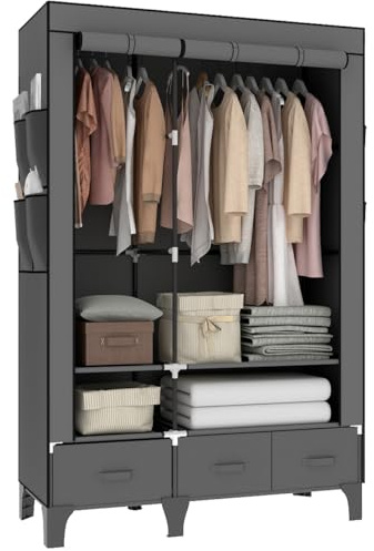 OPPAIYA Heavy Duty Temporary Wardrobe Double, Canvas Fabric Portable Closet with Drawers and 2 Hanging Rails, Large Clothes Storage for Bedroom, Gray