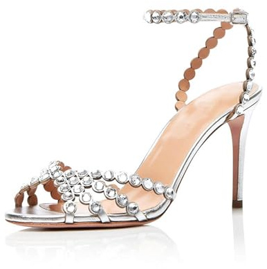 Sandales à Talons Aiguilles à Bout Ouvert et Strass Tendance, élégantes Sandales d'été à Talons Hauts et Brides à la Cheville, Chaussures de Mariage Confortables et habillées,Argent,40 EU