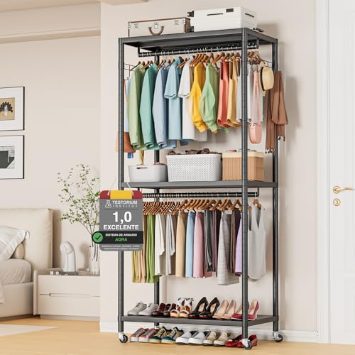 AQRA Perchero Burro Ropa Resistente, Incluye 2 Barras Para Colgar Ropa, 3 Estantes de Almacenamiento y 2 Ganchos. Dimensiones: 90 × 40 × 200 Centímetros, negro
