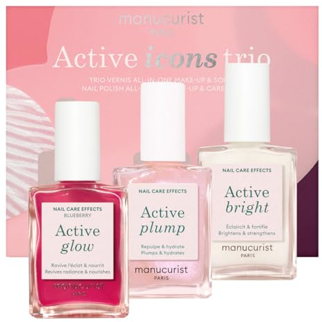 Manucurist Active Icons Trio Set - Active Glow Blueberry, Active Shine, Active Plump Nail Polishes - Nail Strengthener - Brightening Treatment Polish & Care - Nails Care Gifts for Her