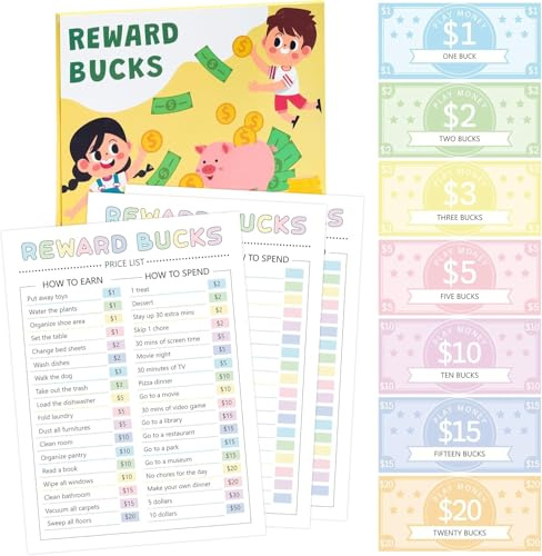 A1DIEE 633pcs Reward Bucks Charts System, Behavior Management Reward Charts for Family, Chore Chart with Play Money, Financial Literacy Educational Tool for Parents & Teachers