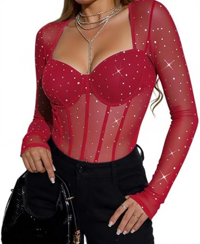 Sukiglam Body Mujer Manga Larga cuello en Corazón Sexy Bodys de Malla Transparente con Lentejuelas Slim Fit Lencería Corsé con Cierre a Presión Chic Interior Shapewear Body Tanga Brillante de Club