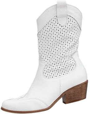 Generisch Stivaletti da cowboy estivi da donna in pelle scamosciata, motivo traforato, slip-on, bianco, 38 EU