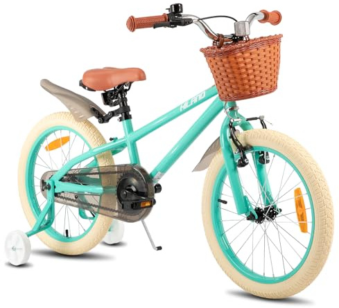 HILAND Spark 14/16/18 tums barncykel för flickor, med stödhjul eller stativ, framhandbroms och returbroms cykel för barn, flickcykel med korg och stänkskydd, grön/rosa