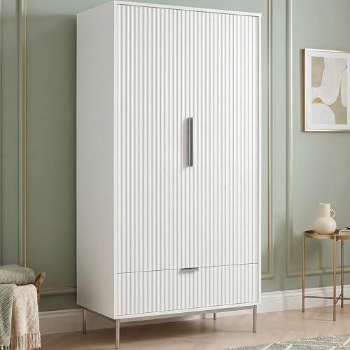 Blisswood Fluted 2 Door Wardrobe with Drawer – Modern Painted Bedroom Wardrobe with Hanging Rail, Freestanding Double Door Storage Cupboard with Metal Handles & Raised Legs, 90 x 55 x 180 cm White
