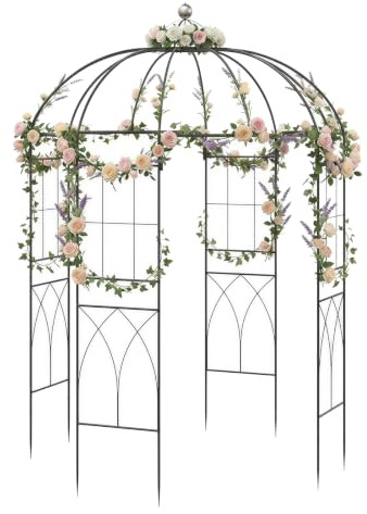 GYMAX Pabellón de Jardín de Metal, Arco para Rosas con Soporte para Trepadoras y Techo, Soporte para Rosas, Parras y Plantas Trepadoras, Pabellón Decorativo para Terraza y Jardín