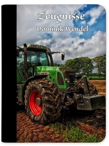 CreaDesign, Kinder Zeugnismappe mit Namen personalisiert, Zeugnis Mappe Traktor mit 10 Klarsichthüllen, A4, 26,7 x 32,7 x 1 cm, Rücken schwarz