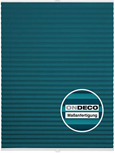 ondeco Plissee Klemmfix auf Maß für alle Fenster innen, ohne Bohren, Montage Klemmträger Sonnenschutz Sichtschutz Rollo Blickdicht Petrol B: 51-60 cm, H: 40-100 cm