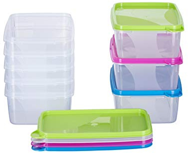 MiraHome Frysburkar 8 x 1 l rektangulära, färgglada – förvaringsburkar med lock – förvaringslåda kök för mealprep och organisering – Österländsk kvalitet