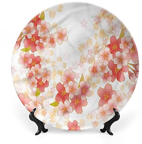 XISUNYA 8 Inch Decorative Plate, Floral Dinner Plate, Vibrant Sakura Flowers Print Ceramic Wall Hanging for Fine Dining, Upscale Event, Dinner Party, Weddings, Catering, Christmas, Thankgiving