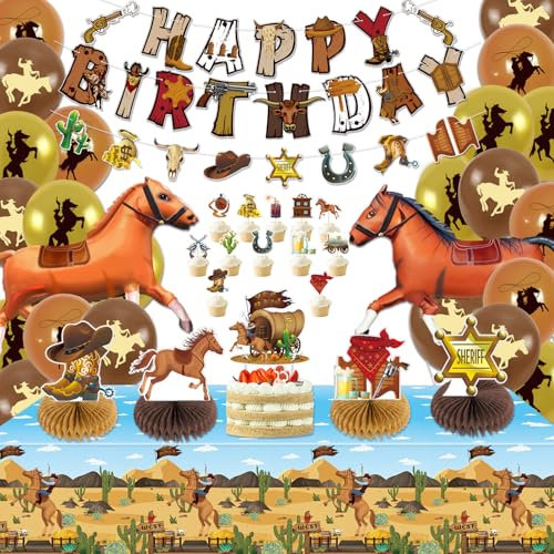 Cowboy partydekorationer – Happy Birthday-banderoller, ballonger, hästballonger, cupcake-toppar, bikake-centerdelar för födelsedag, dekorationer, tillbehör