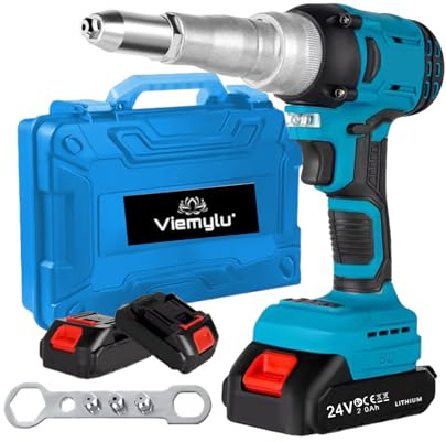 Rivettatrice a Batteria 24V Brushless – Rivettatrice Automatica per Rivetti Ciechi 3-5 mm, Forza di Trazione 10000N, Coppia 140 Nm, 2 Batterie Incluse