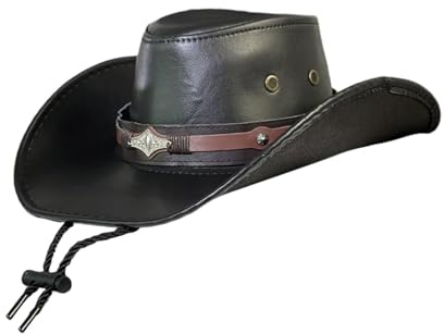 JISADER Cappello da Cowboy Occidentale Cappello da Sole Cappelli in Pelle PU durevoli Cappelli da Jazz per gentiluomini con sottogola per Oggetti di Scena per, Nero