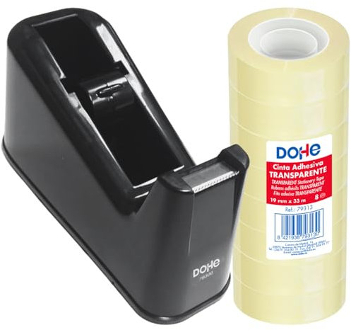 Dohe - Dispensador de Cinta Adhesiva y 8 Cintas (19 mm x 33 m) - Materiales resistentes, Cuchilla de Corte Fácil, Base Antideslizante - Material de oficina - Negro