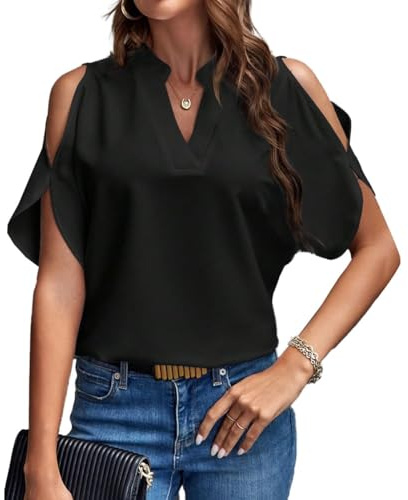 EMOTTOS Hauts Tuniques élégants pour Femmes, T-Shirts d'été à col en V décontracté et à épaules dénudées, Chemisier décontracté à épaules Froides en Fausse Mousseline(Black-XL)